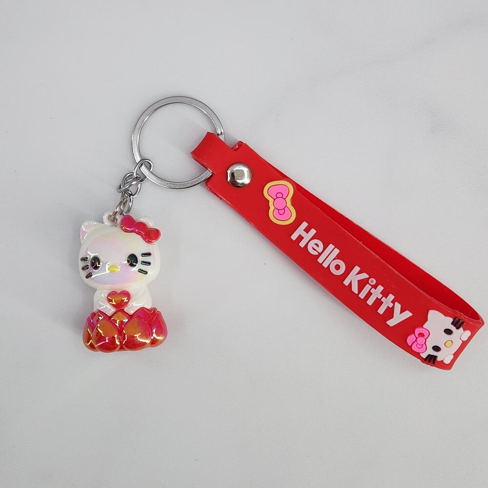 Hello Kitty 3D Figure Keychain & "Hello Kitty" Strap Red & White iridescent